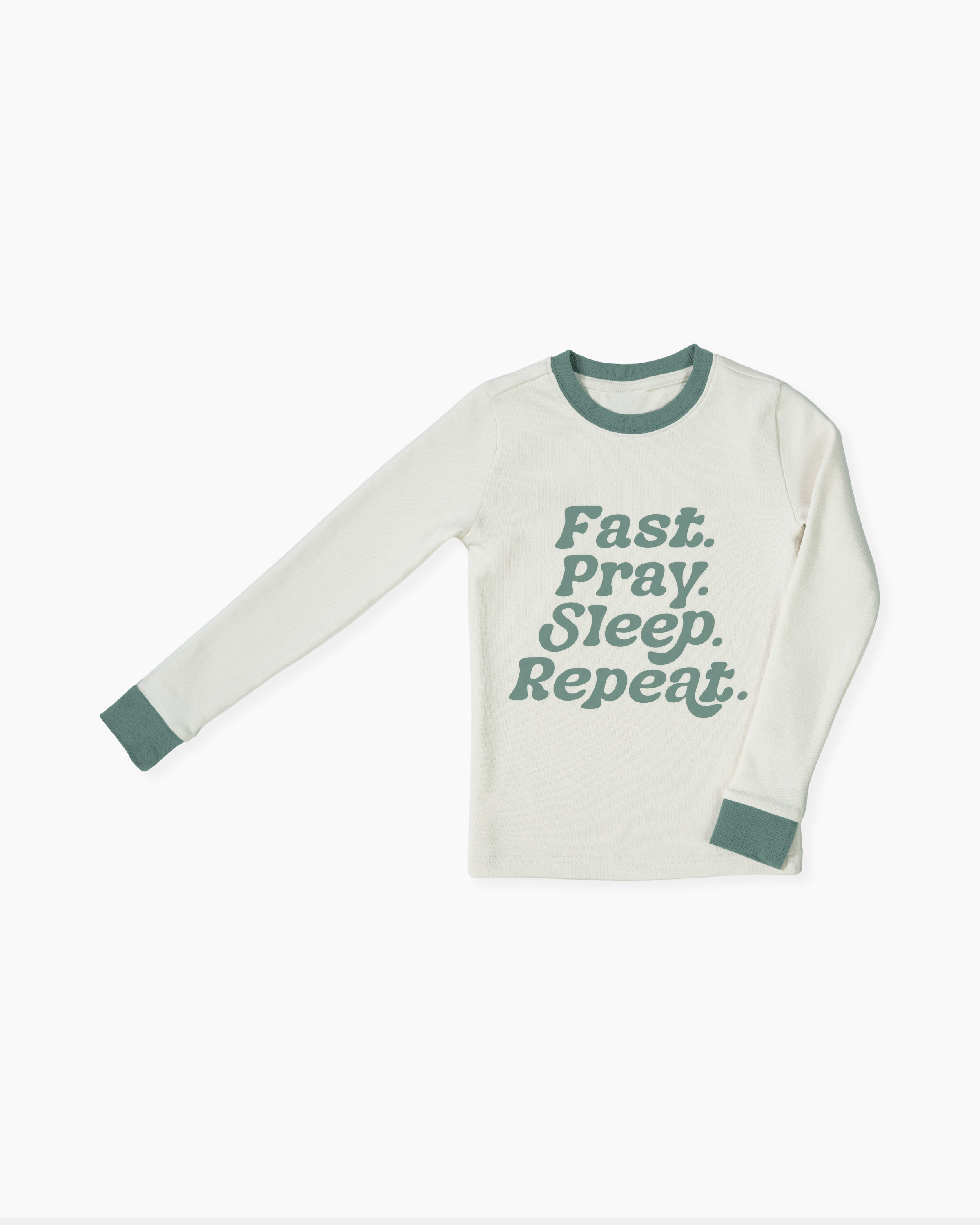 Ramadan pajamas that read "fast, pray, sleep, repeat."