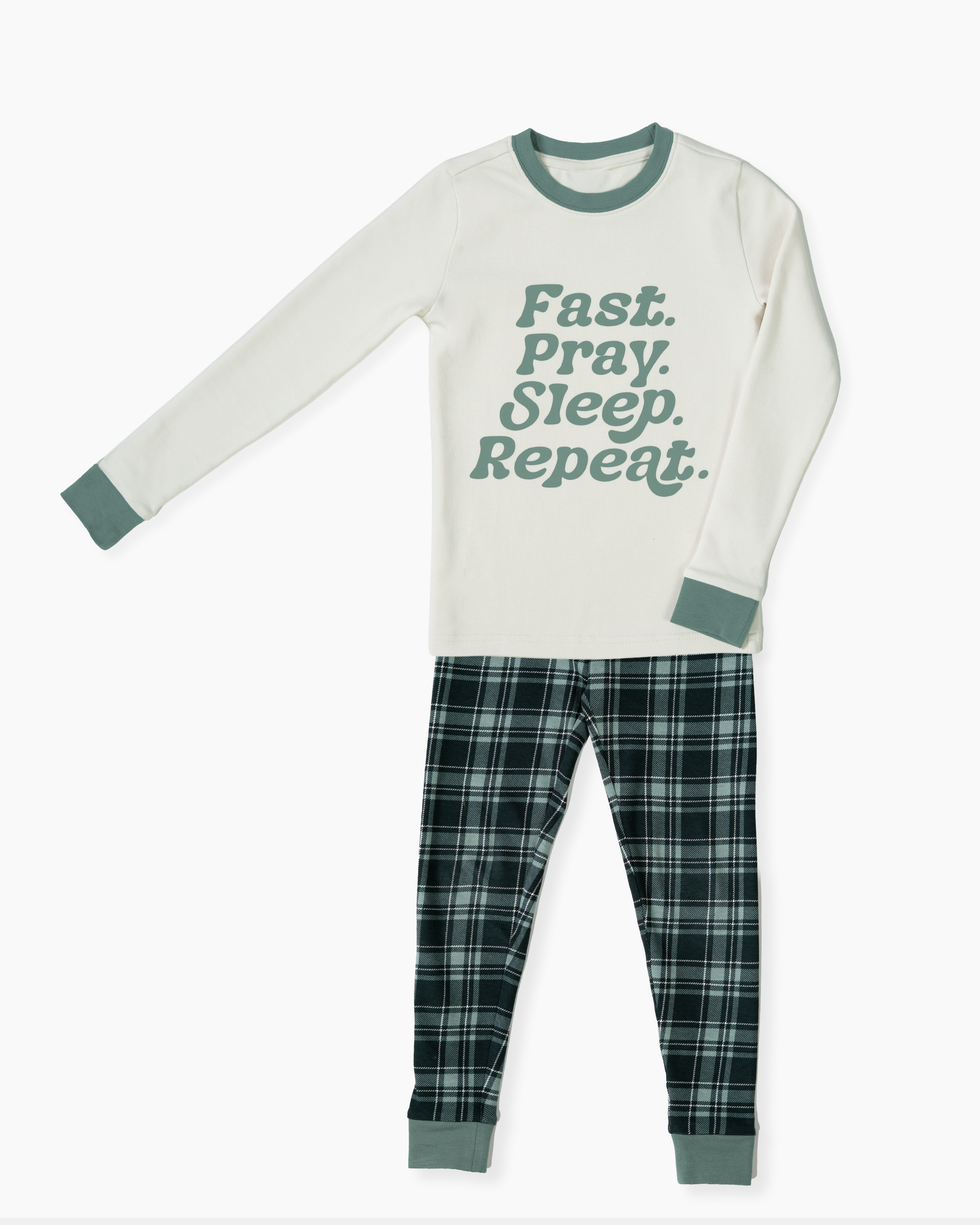 Ramadan pajamas that read "fast, pray, sleep, repeat."